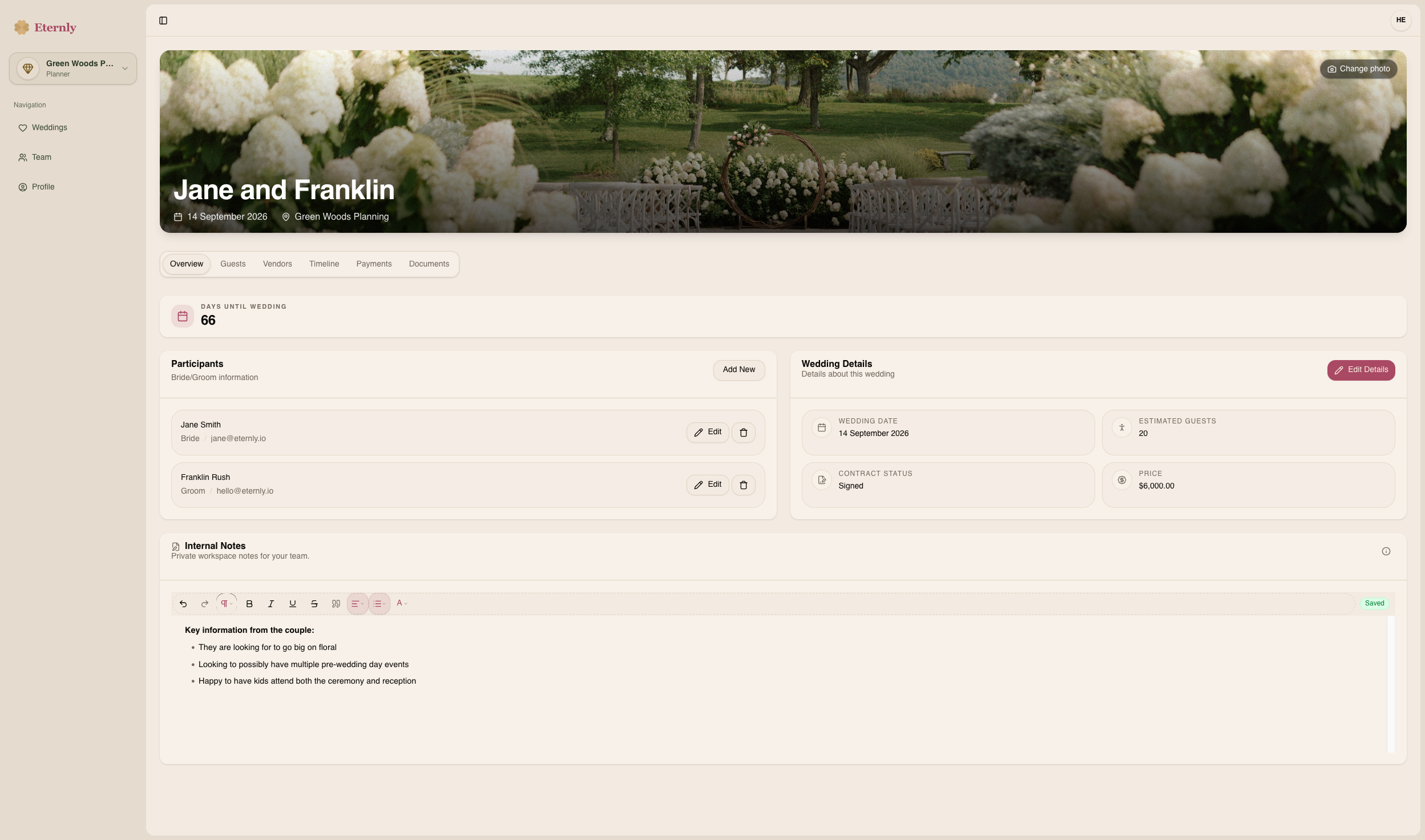 Planner wedding details page